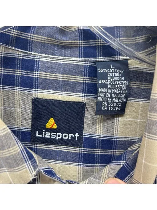 Lizsport Womens Beige & Blue Plaid Cotton Blend Button-Up Shirt Size L - Picture 5 of 8